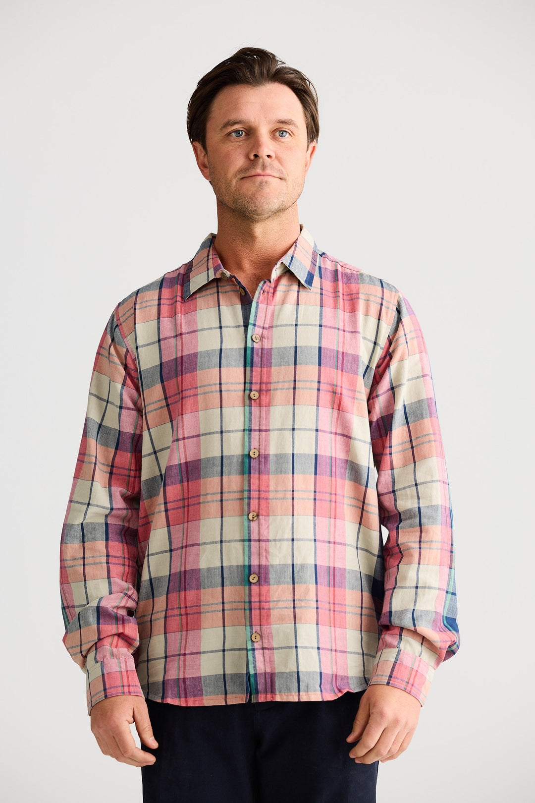 Man wearing a plaid shirt with a white background