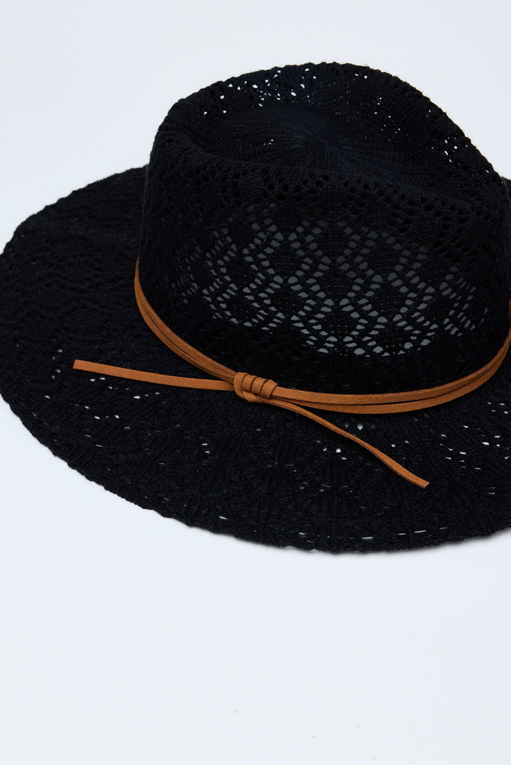 Black hat with a brown band on a white background