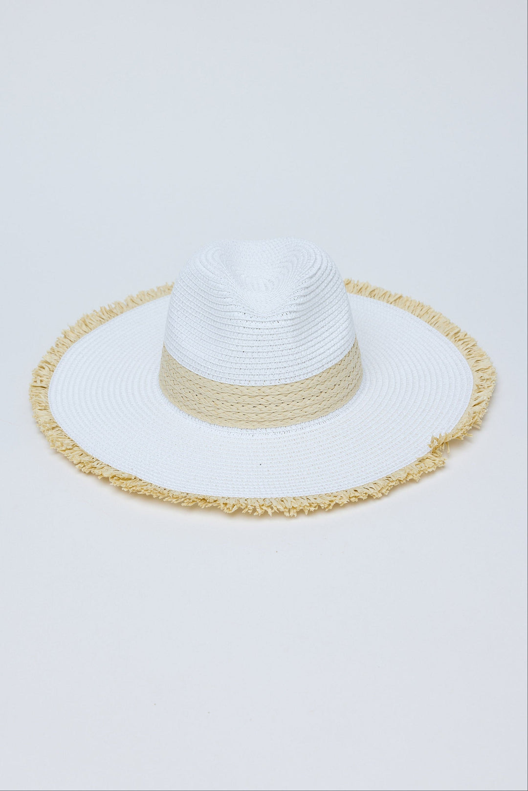 White sun hat with a natural band on a light gray background