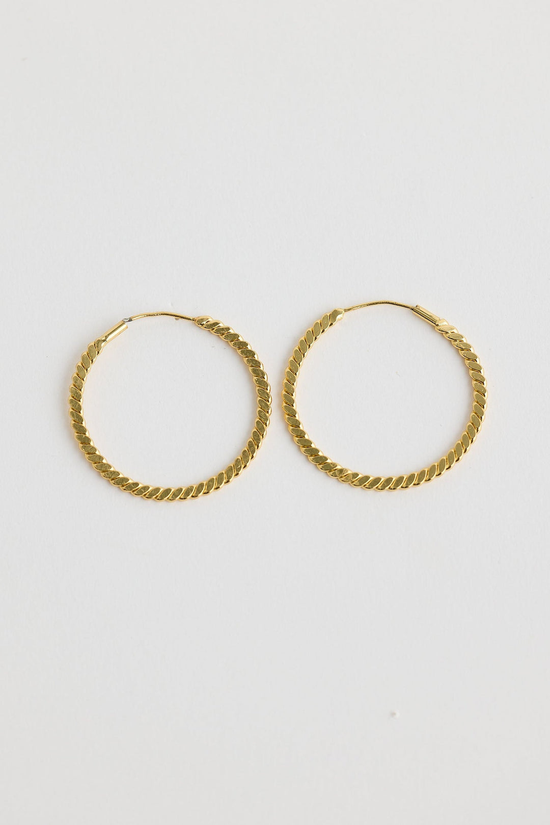 Close-up of gold oscar earrings earrings on white background.