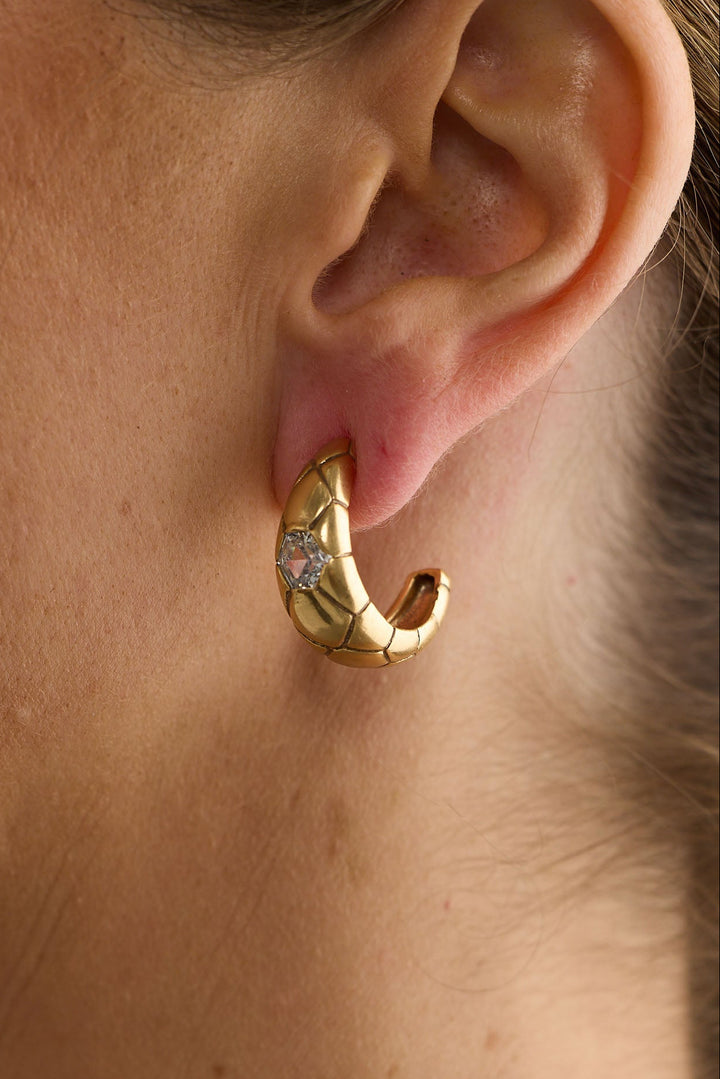 Close-up of gold morgan earrings earrings on white background.