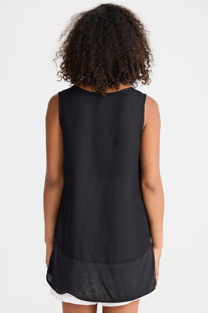 Person wearing a black sleeveless top on a white background