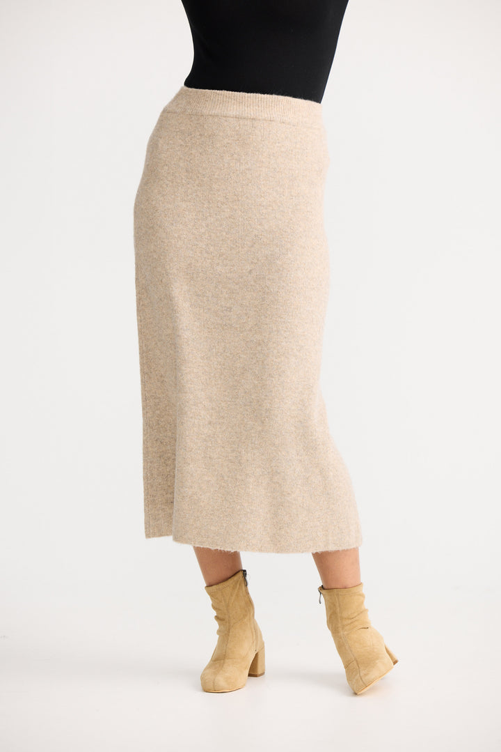 Model wearing oatmeal Lucerne Knit Skirt, front view on white background