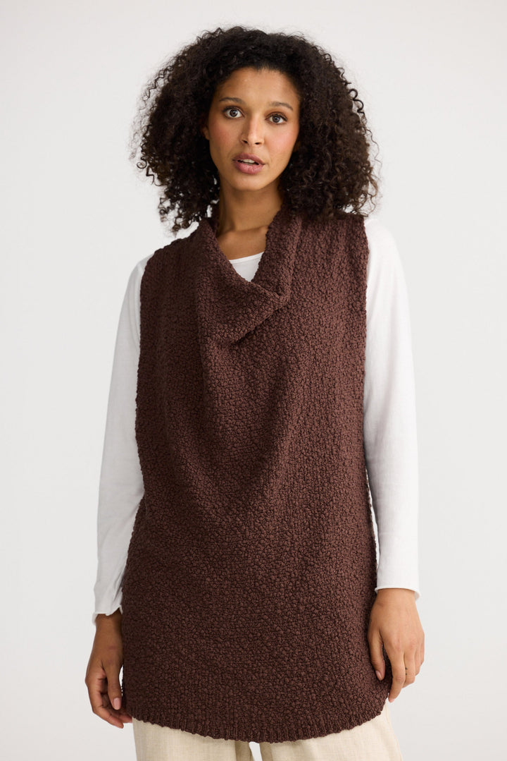 Model wearing chocolate Tova Knit Tank, front view on white background