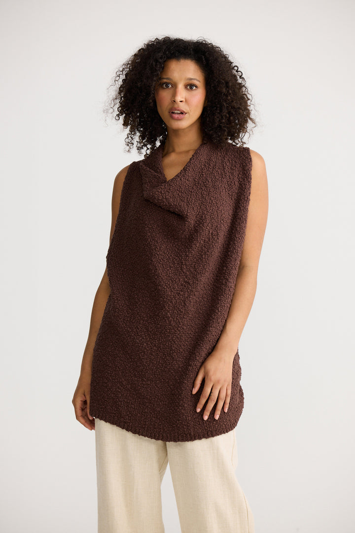 Model wearing chocolate Tova Knit Tank, angled front view on white background