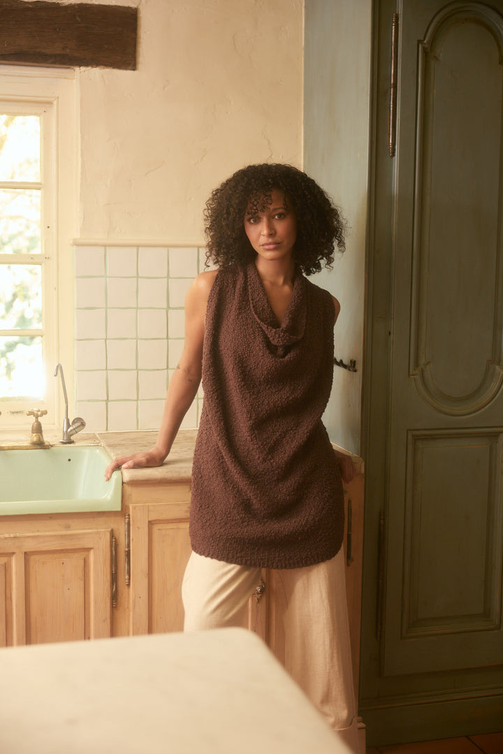 Model wearing chocolate Tova Knit Tank, lifestyle close-up view