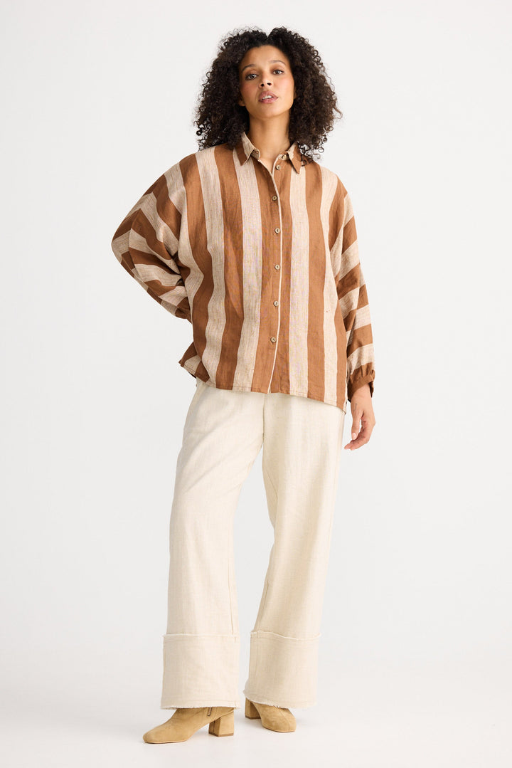 Model wearing sienna stripe Milano Shirt, angled front view on white background