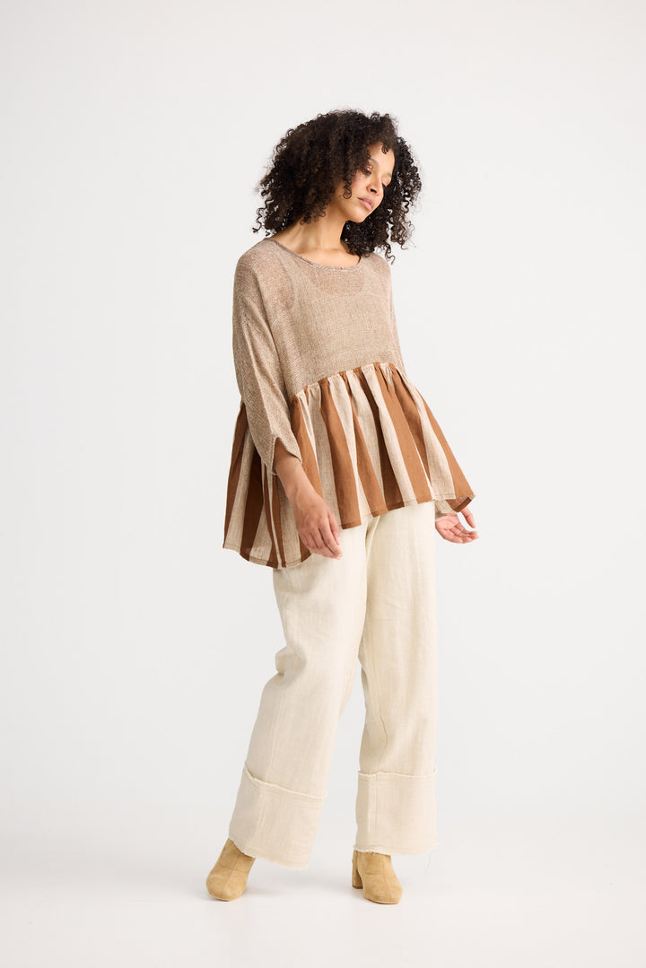 Model wearing sienna stripe Nikita Top, front view on white background