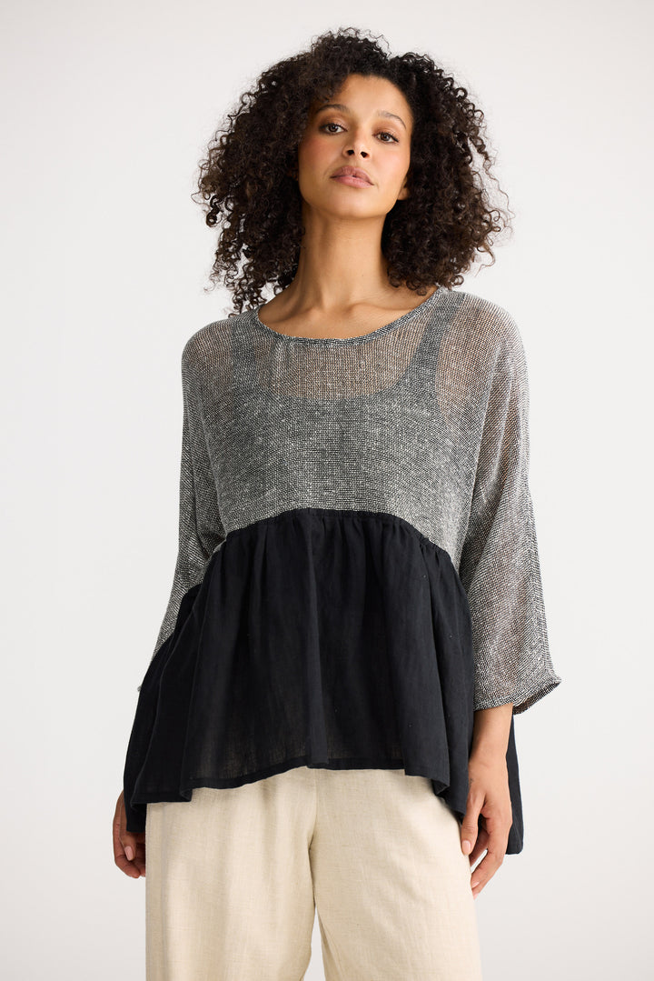 Model wearing black Nikita Top, back view on white background
