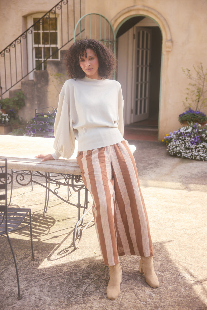 Model wearing oatmeal Anais Knit Top, lifestyle close-up view