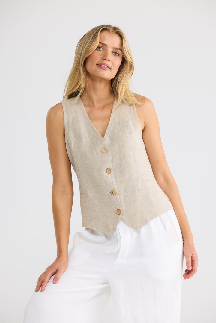 Britta Vest in Natural Linen with a v-shaped neckline.