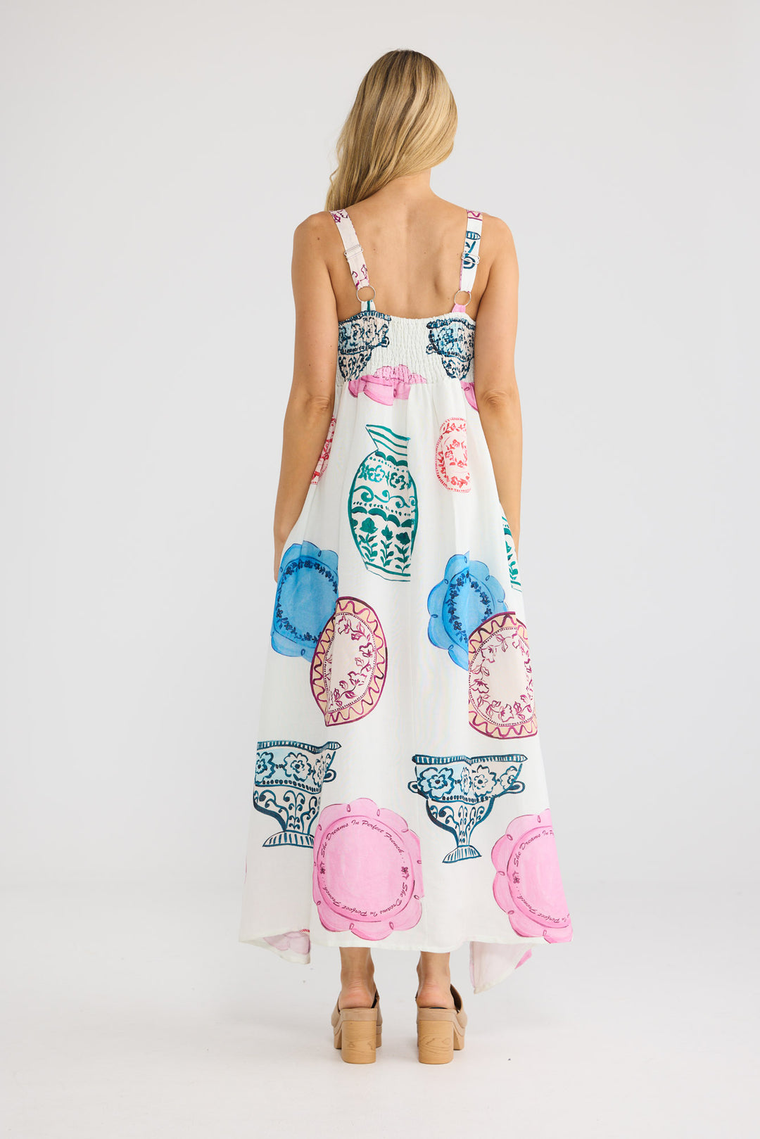 Model wearing Britta Dress in Perfect French print, front view.