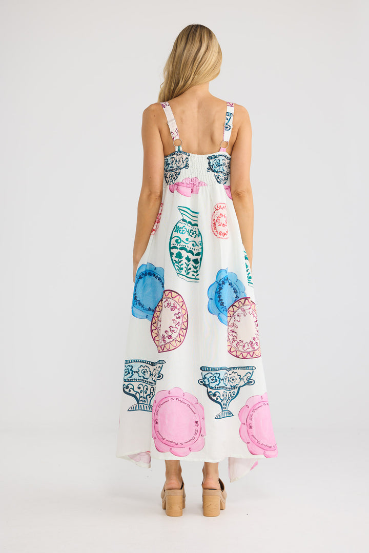 Model wearing Britta Dress in Perfect French print, front view.
