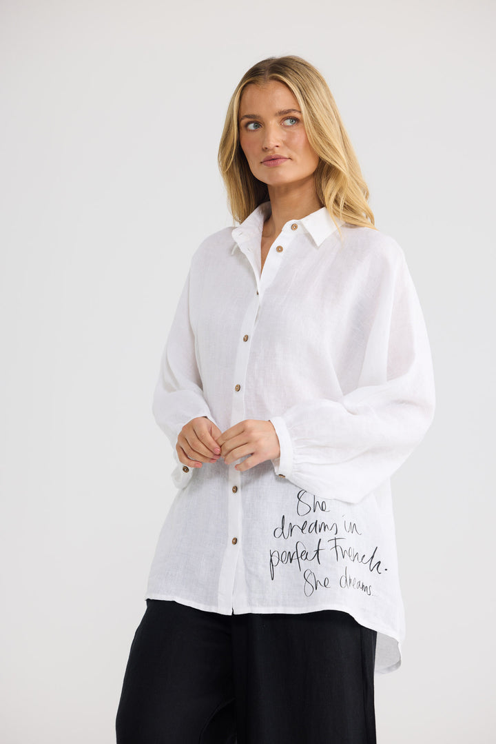 Milano Shirt in White Linen with a collared neckline.