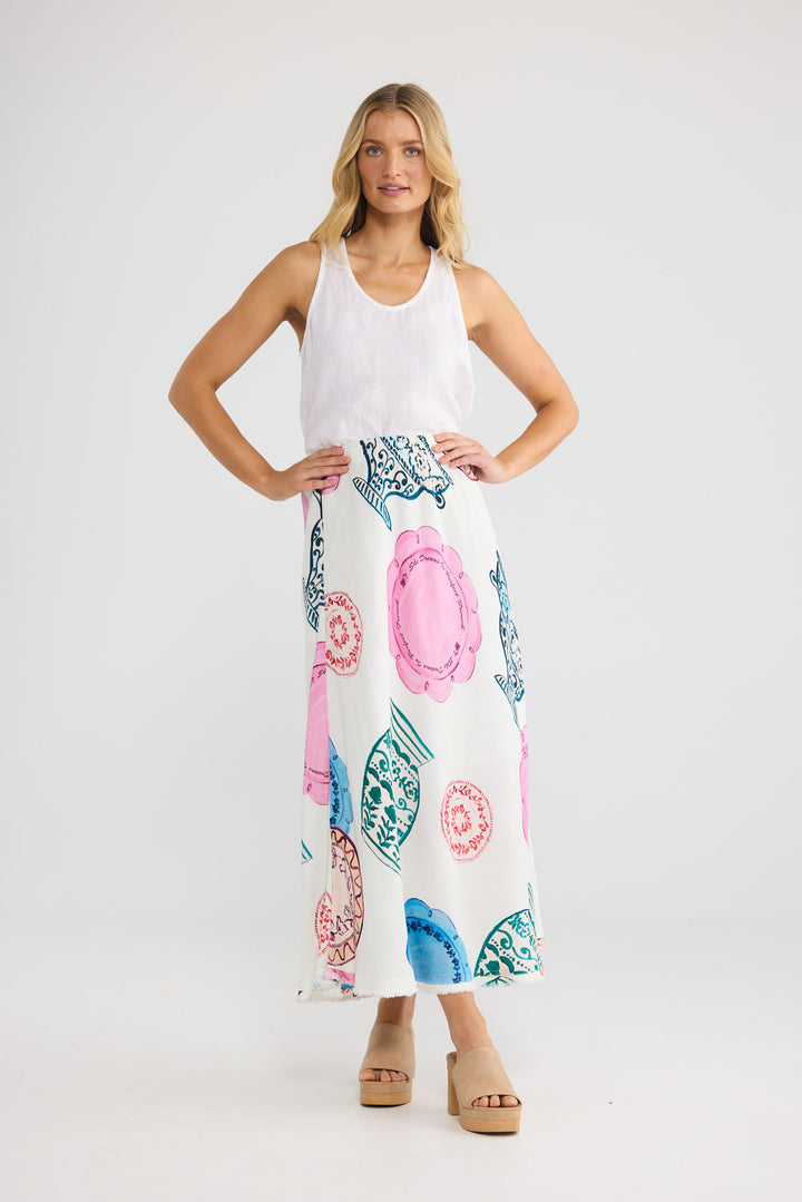 Model wearing Sicily Skirt in Perfect French print, front view.