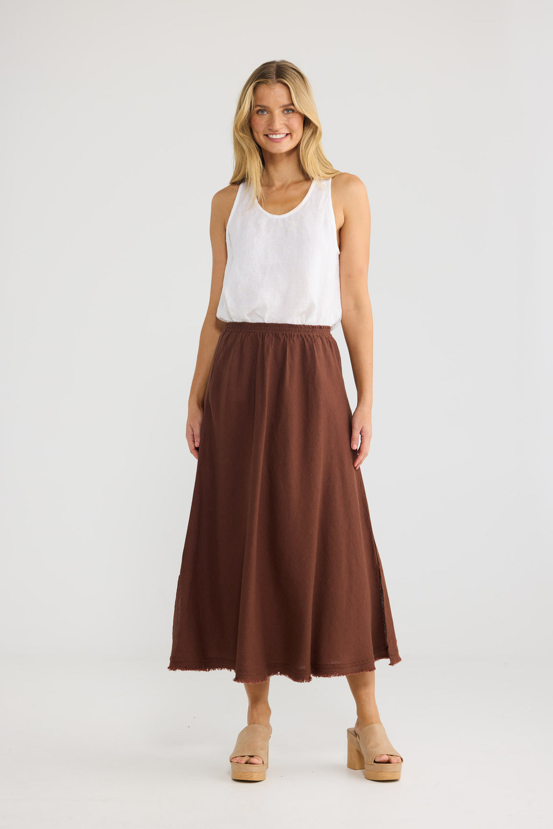 Sicily Skirt in Chocolate Linen with a pull-on design.