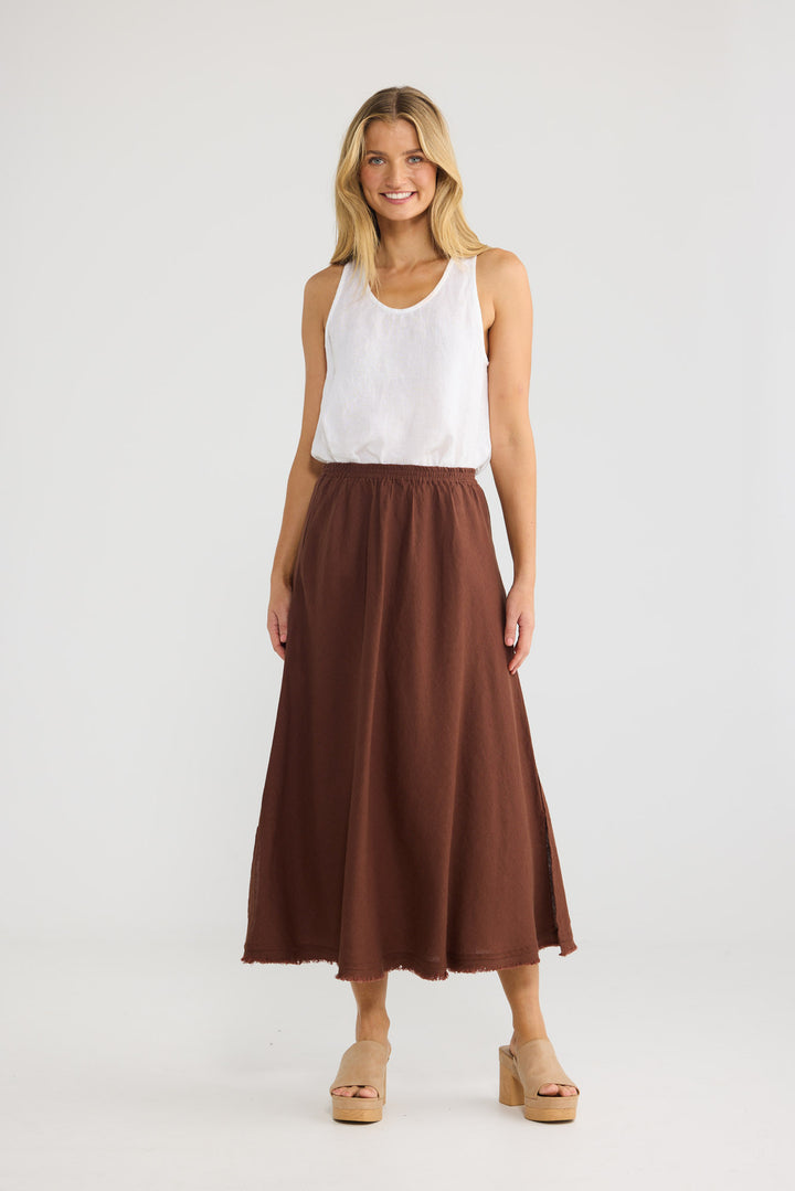 Sicily Skirt in Chocolate Linen with a pull-on design.