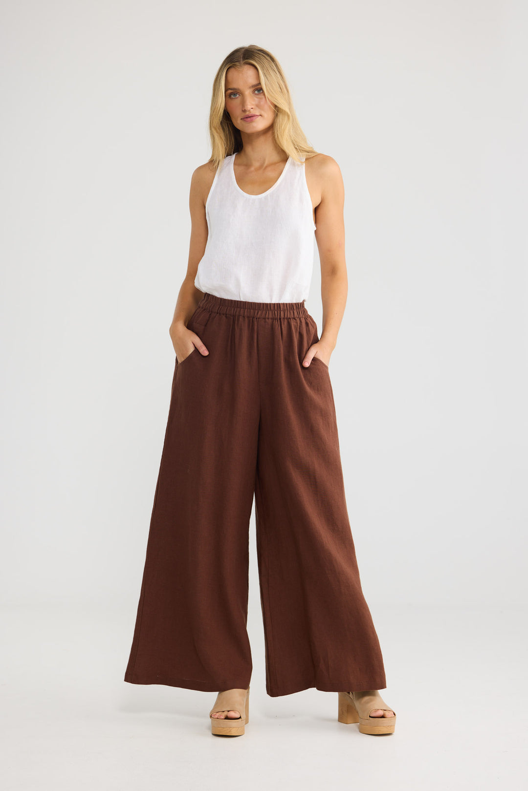 Positano Pants in Chocolate Linen with a mock fly front.