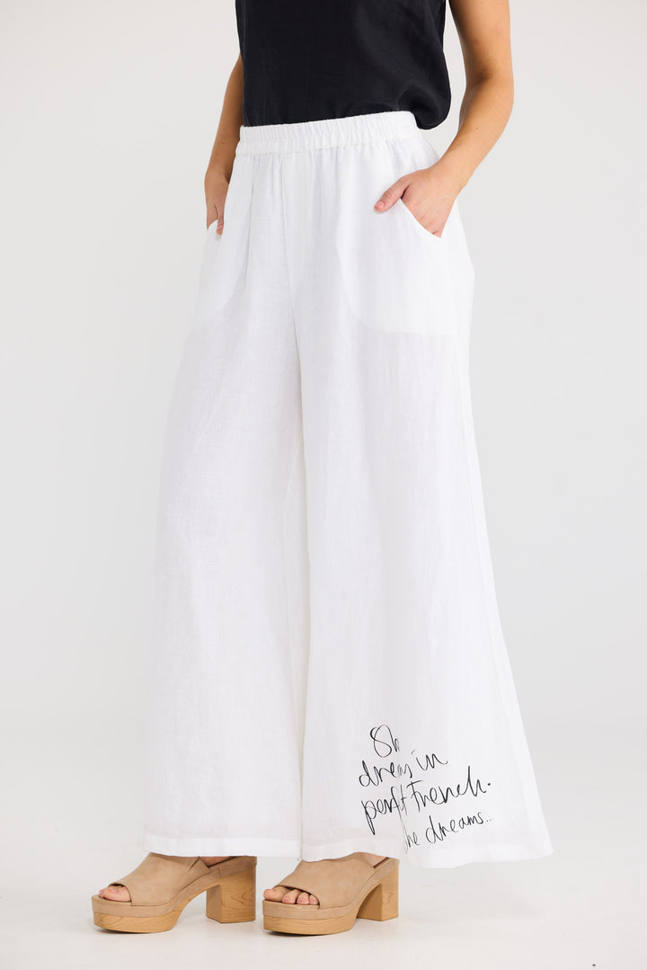 Positano Pants in White Linen with an elasticated waistband.