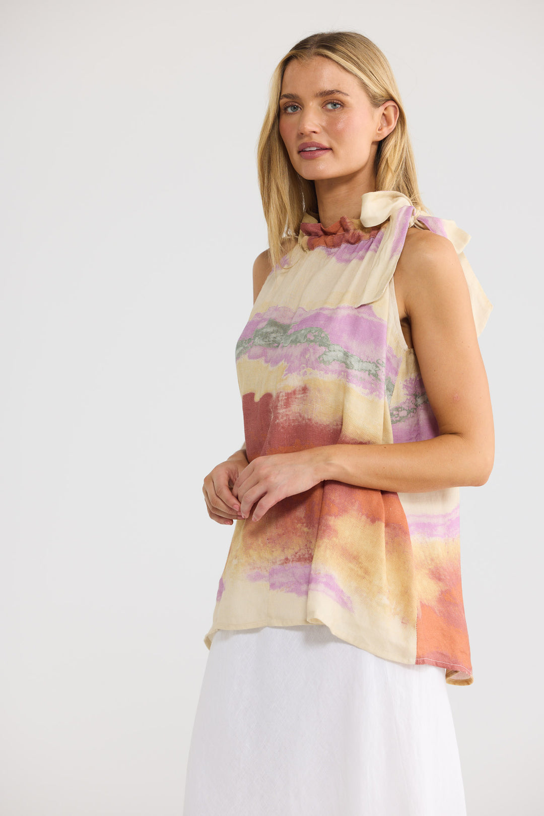 Lucia Top in Sand Dunes with a paper bag drawstring neckline.