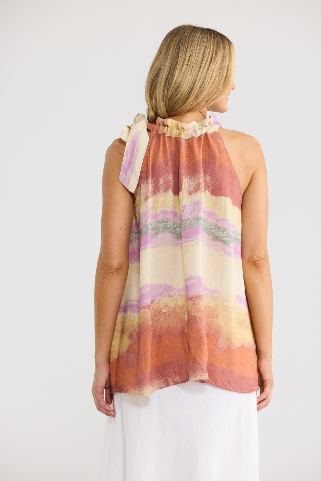 Lucia Top in Sand Dunes with a halter neckline.