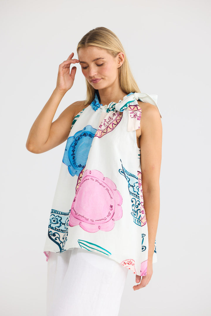 Lucia Top in Perfect French with a paper bag drawstring neckline.