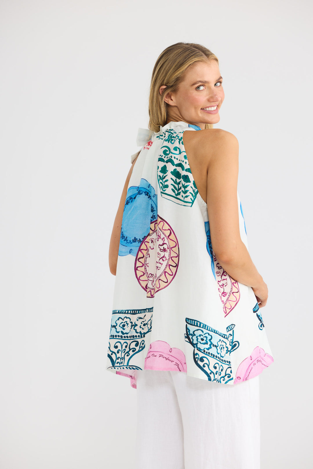 Lucia Top in Perfect French with a halter neckline.