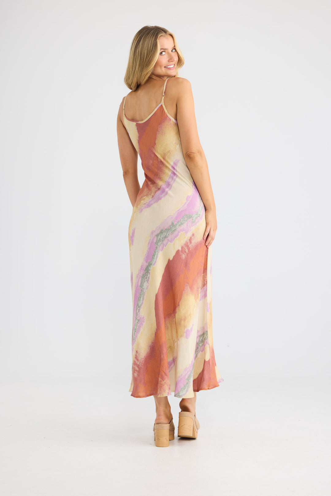 Coco Bias Dress in Sand Dunes with adjustable shoulder straps.