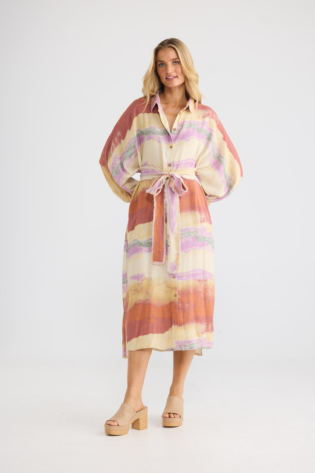 Milano Shirt Dress in Sand Dunes with a collared neckline.