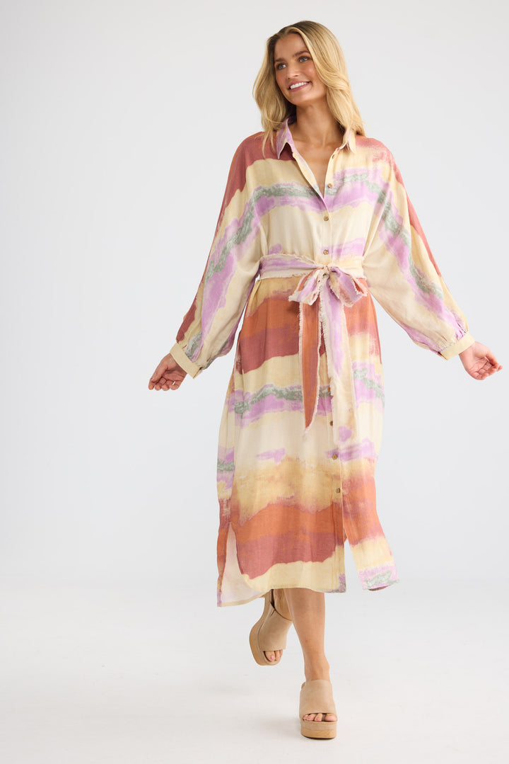 Model wearing Milano Shirt Dress in Sand Dunes print, front view.