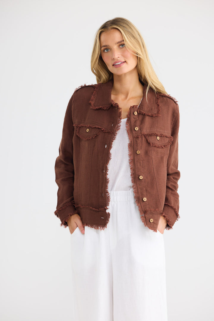Monza Jacket in Chocolate Linen with a collared neckline.
