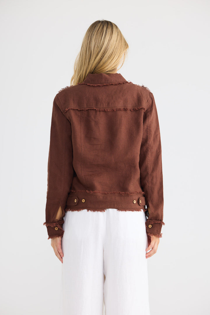 Monza Jacket in Chocolate Linen with a button-through front closure.