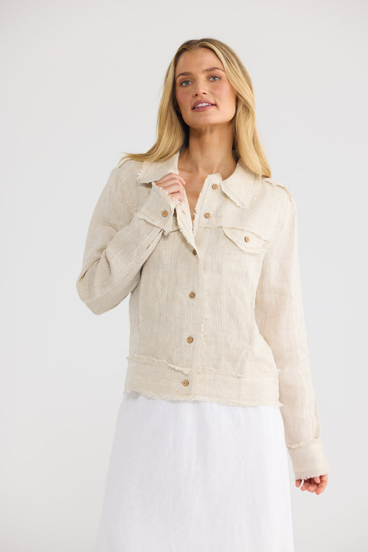 Monza Jacket in Natural Linen with a button-through front closure.
