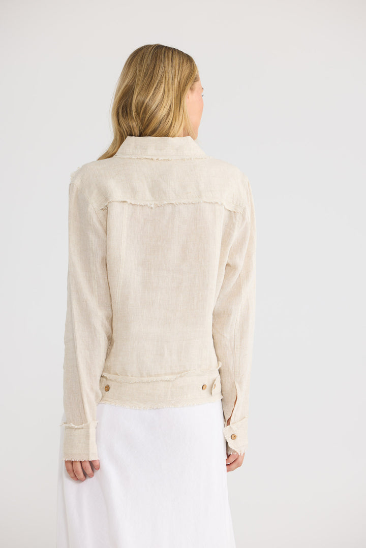 Monza Jacket in Natural Linen with a collared neckline.