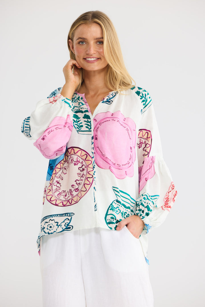 Salerno Top in Perfect French with raglan long sleeves.