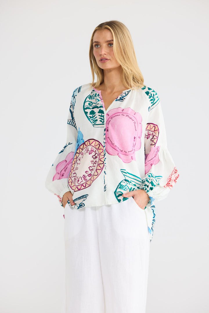 Salerno Top in Perfect French with a v-shaped neckline.