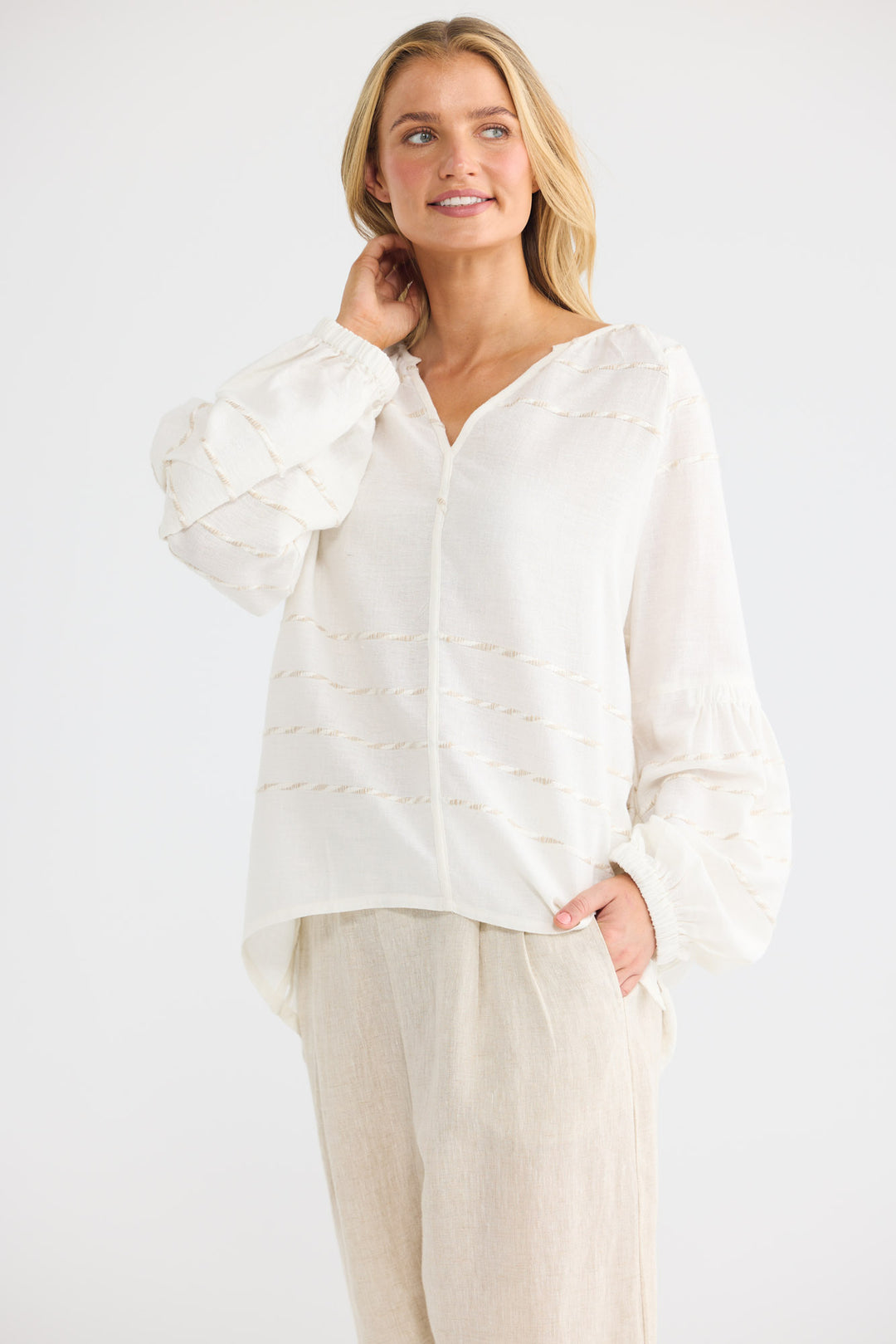 Salerno Top in Cloud Stripe with raglan long sleeves.