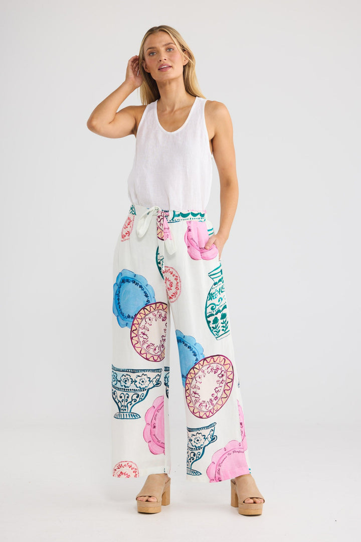 Model wearing Dickens Pant in Perfect French print, front view.
