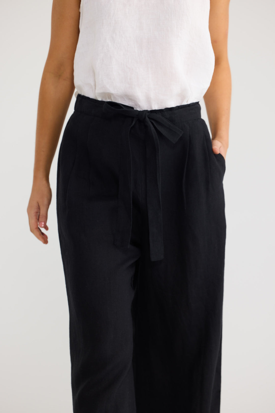 Dickens Pant in Black Linen with a waist tie at front.