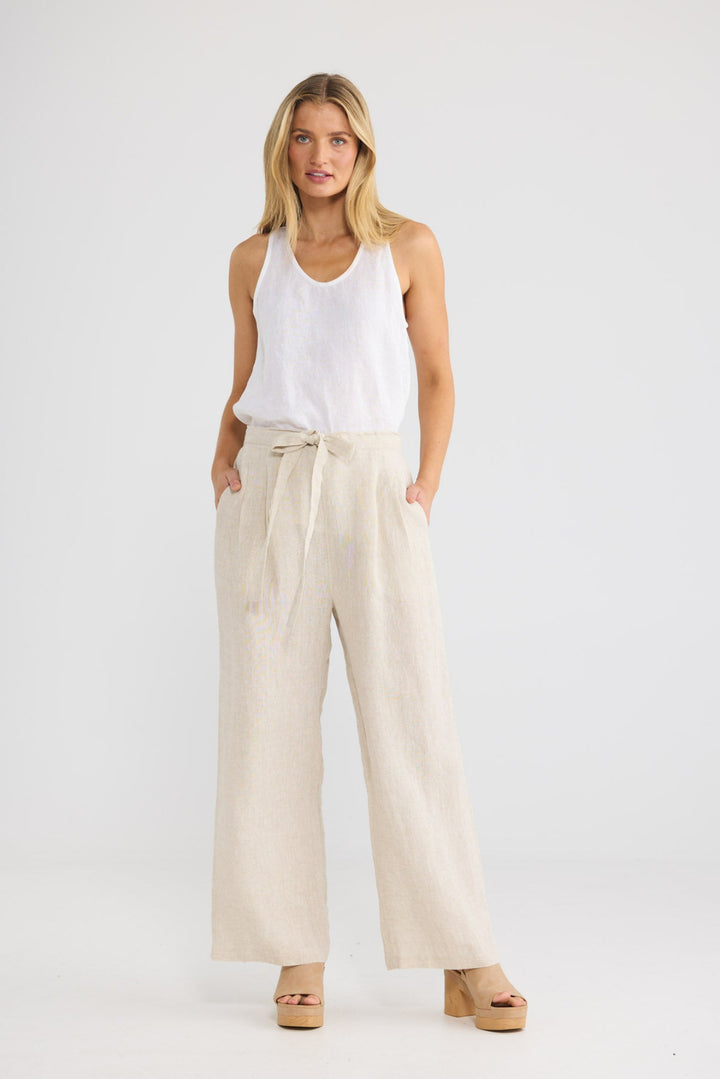 Dickens Pant in Natural Linen with a waist tie at front.