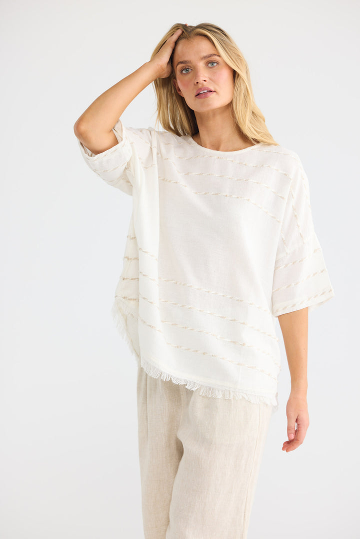 Scout Top in Cloud Stripe with dropped shoulders.