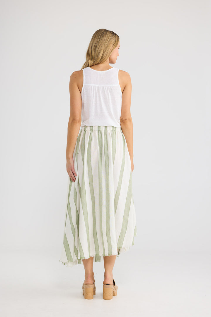 The Edit Skirt in Sage Shadow Stripe with an elasticated back waistband.