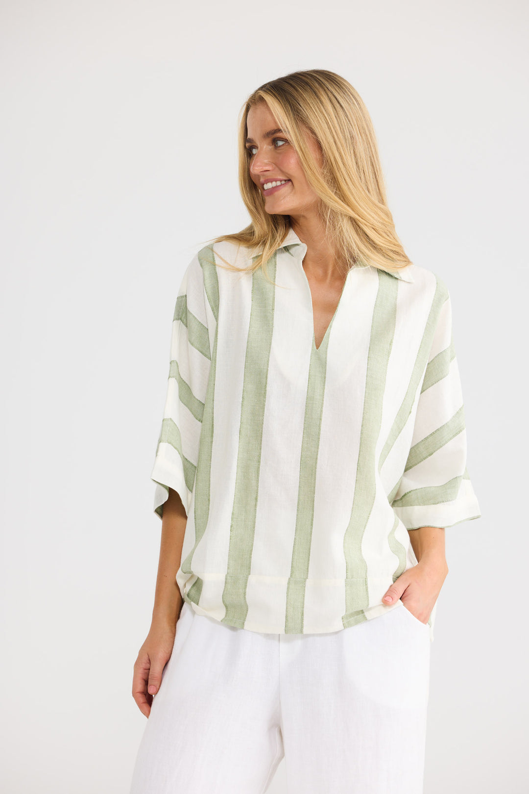 Wander Top in Sage Shadow Stripe with grown-on sleeves.