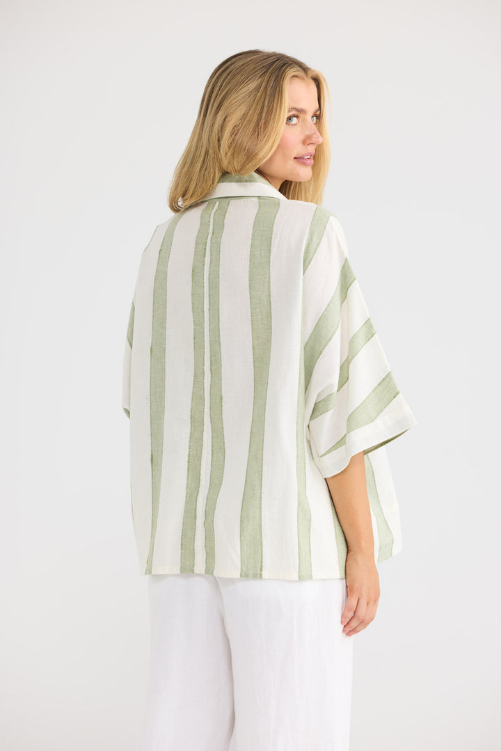 Wander Top in Sage Shadow Stripe with an open collar neckline.