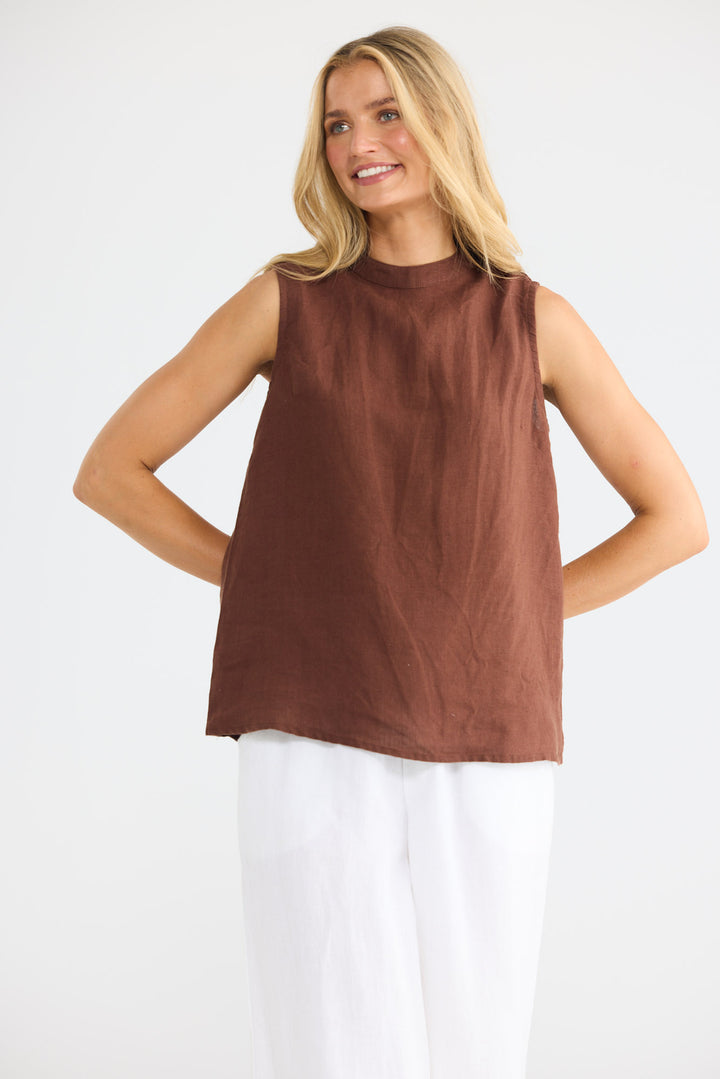 Adel Top in Chocolate Linen with a gathered and adjustable back tie.