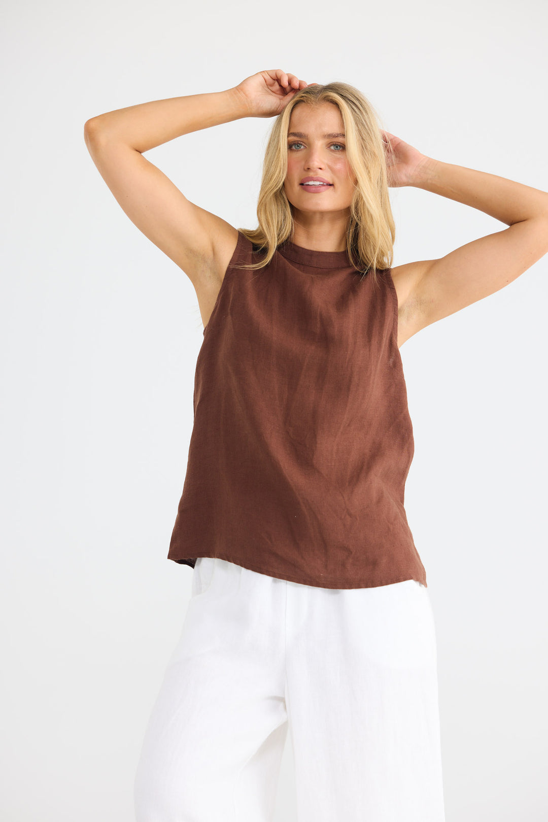 Adel Top in Chocolate Linen with a high neckline.