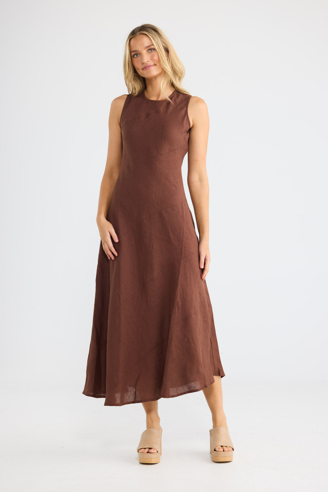 Dickens Dress in Chocolate Linen with a sleeveless design.