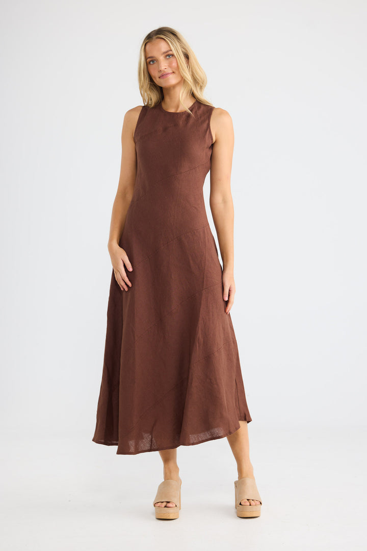 Dickens Dress in Chocolate Linen with a sleeveless design.