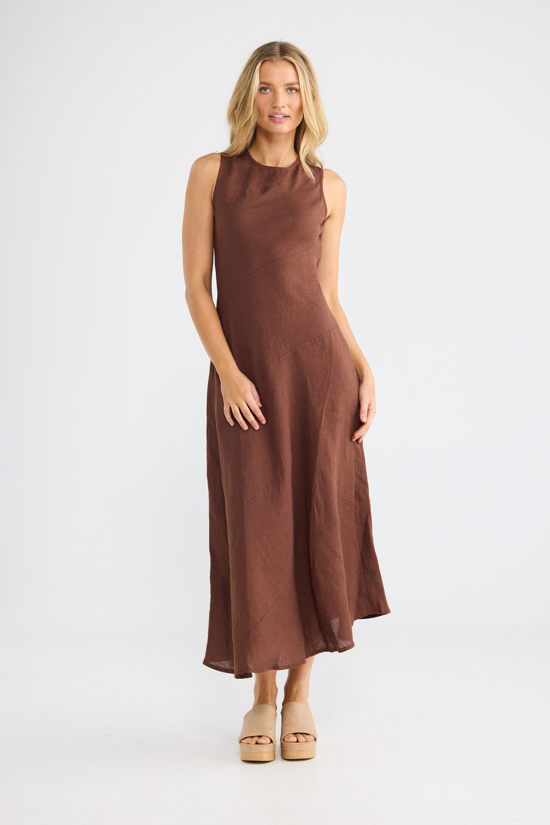 Dickens Dress in Chocolate Linen with a round neckline.
