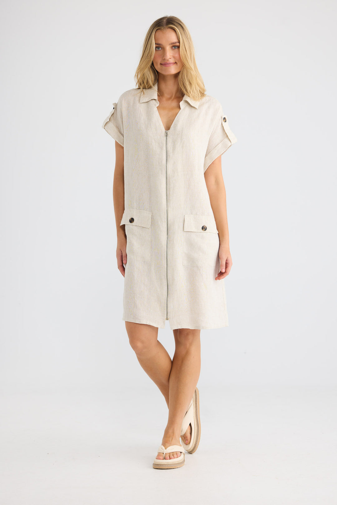 Errance Dress in Natural Linen with a zip-front closure.
